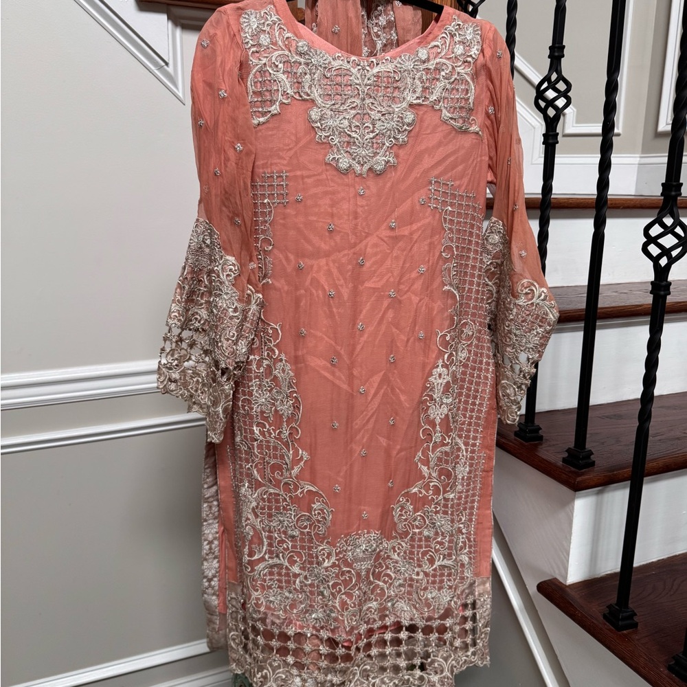 Elegant Lace Embellished Midi Dress in Coral and Cream